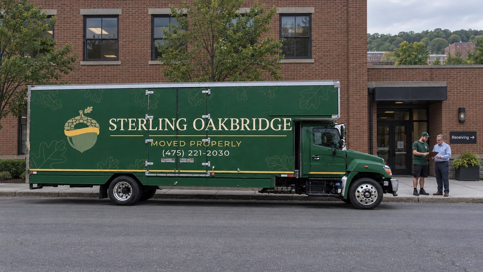 Moving truck outside an apartment receiving entrance Green Sterling Oakbridge Hino truck parked on asphalt beside a commercial entrance where two men review a clipboard