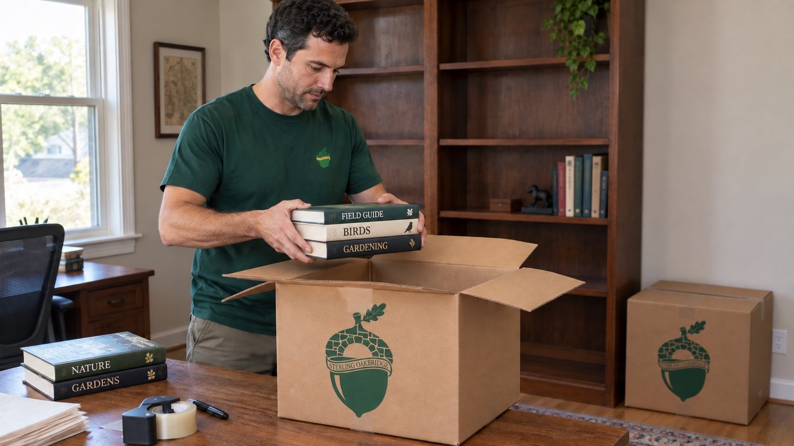 Packing a short stack of books Mover holding books above an open small branded kraft carton beside a partly emptied bookcase