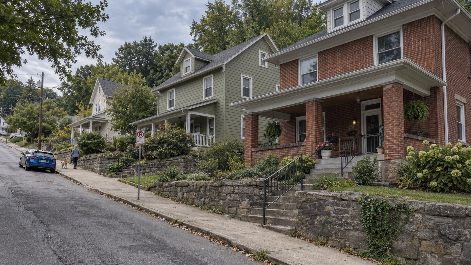 Brick and clapboard houses above a sloping sidewalk, with front steps and a resident walking a dog