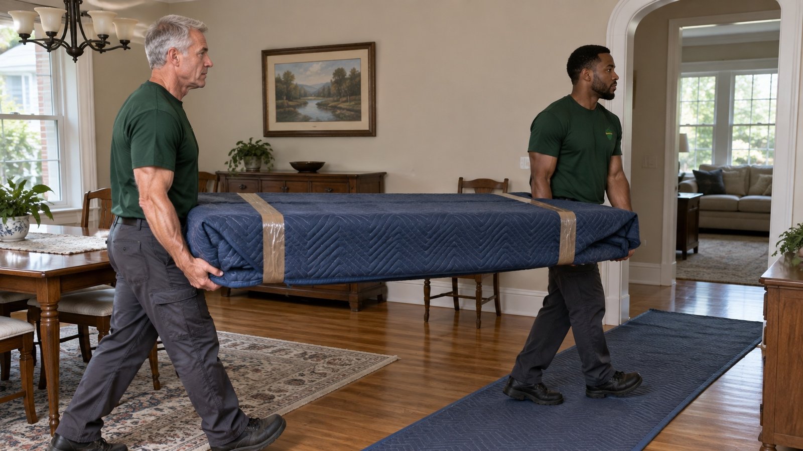 Two movers carrying a blanket-wrapped tabletop toward an open archway on a level floor