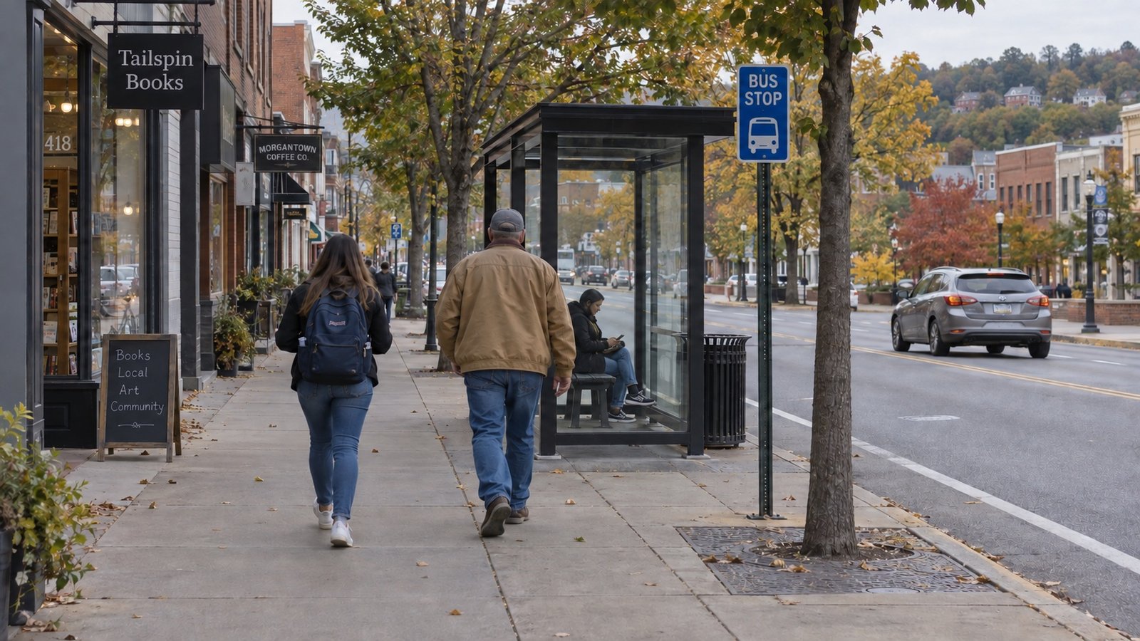 Two people approaching a glazed bus shelter on a sidewalk beside shops and a tree-lined street