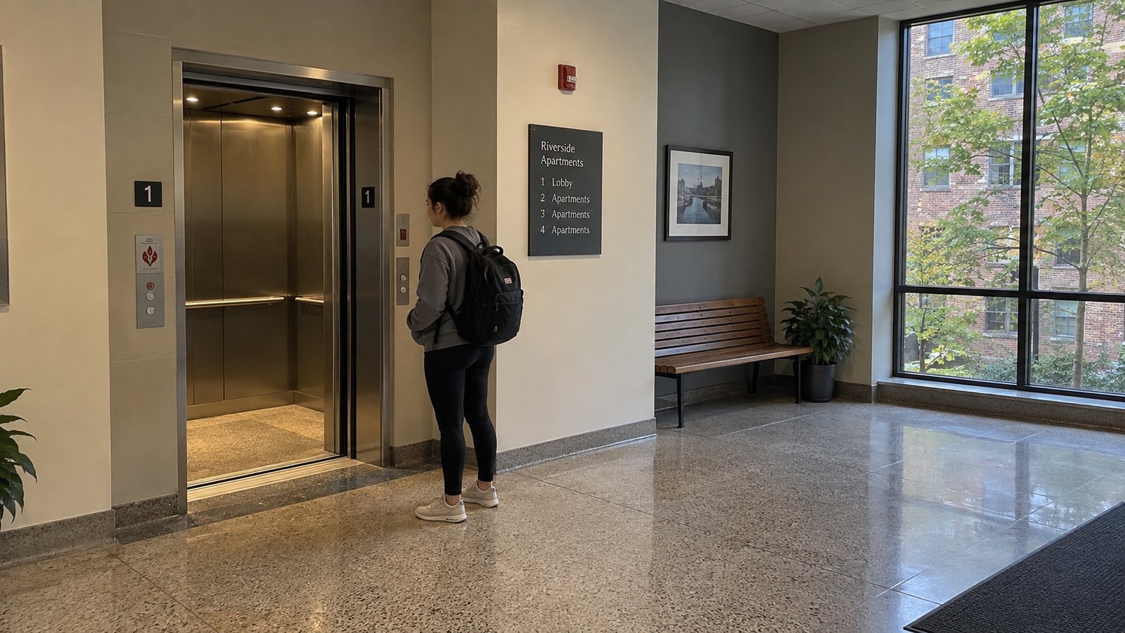Resident waiting beside an open elevator in a lobby with a clear floor and recessed bench