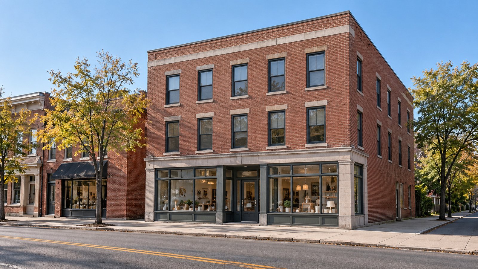 A compact mixed-use street setting Complete three-story brick mixed-use building with ground-floor shop windows beside a clear sidewalk