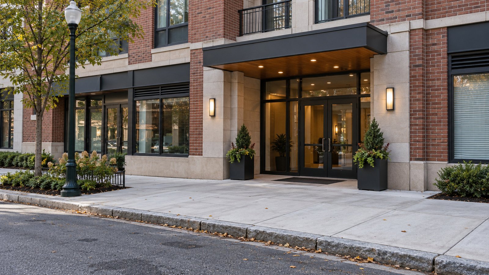 Separate the public sidewalk from the building entrance A broad clear public sidewalk and continuous street curb outside a recessed glazed entrance to an invented modern brick apartment building.