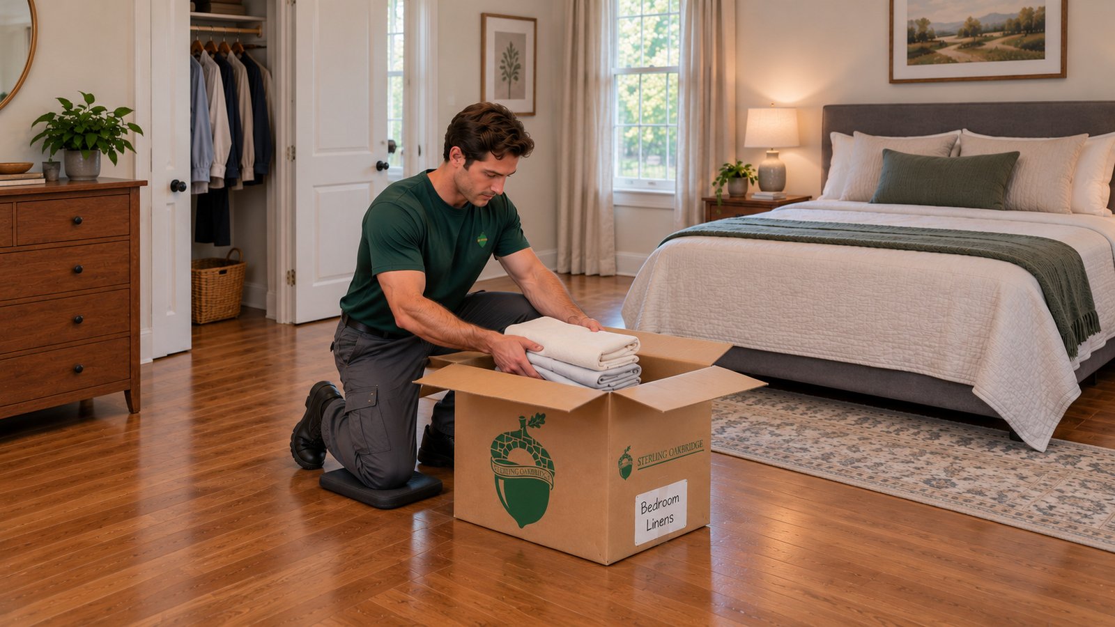 Pack the selected linen group on a stable support One male employee kneeling beside a floor-supported medium carton and lowering folded linen with both hands, with separate green company artwork and a white Bedroom Linens label.