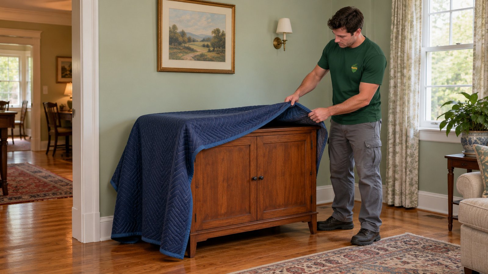 Unwrap after stable receiving placement One male employee lifting a continuous quilted blanket from a stationary wooden cabinet standing on the receiving-room floor.