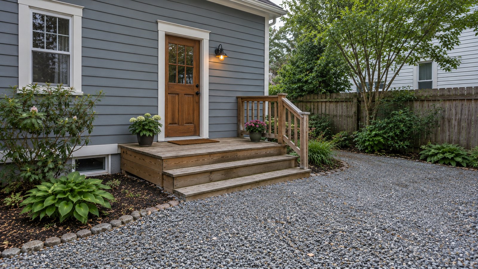 A rear entrance and its wooden steps A complete rear door, low wooden deck and steps leading to a gravel path