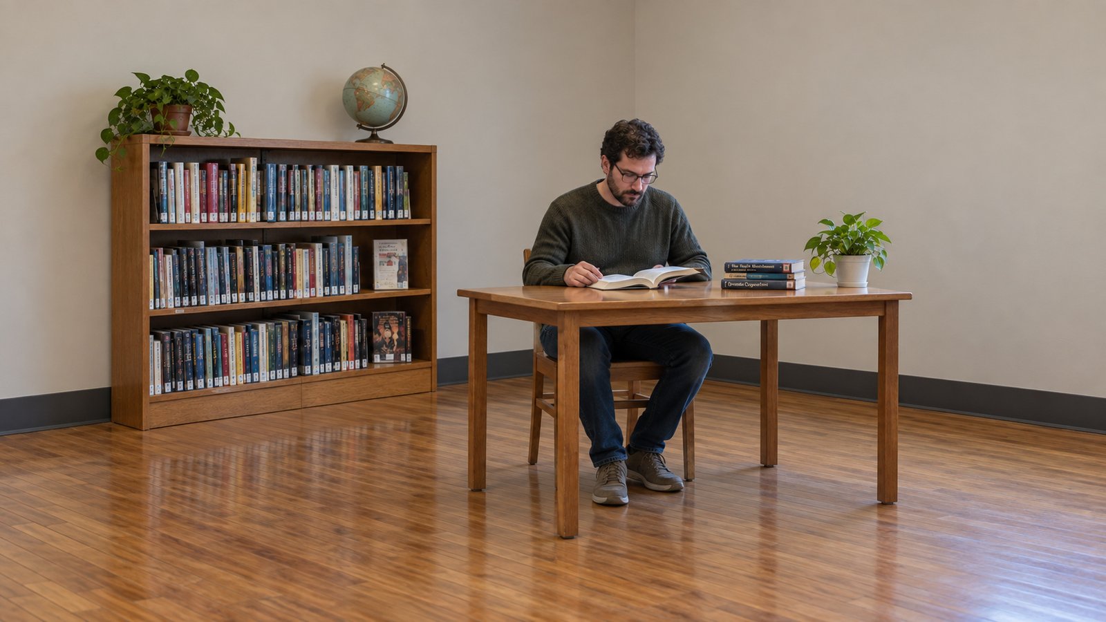 A seated man reads an open book at a complete wooden table beside a low bookcase