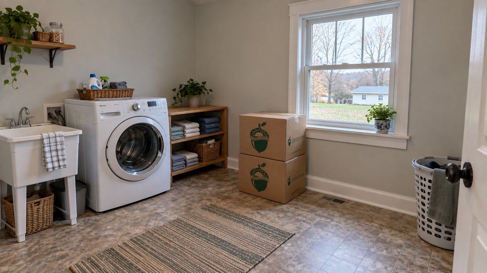 A whole white washer and towel shelf beside two closed branded kraft cartons