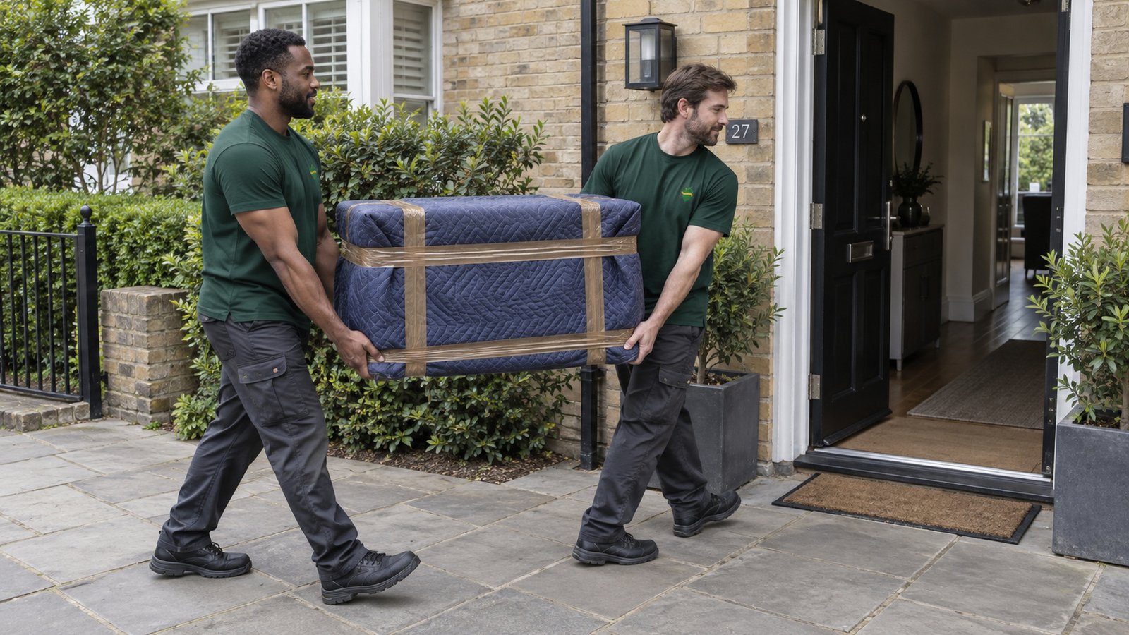 A protected cabinet carried to an entrance Two movers support a blanket-wrapped cabinet on a level paved path