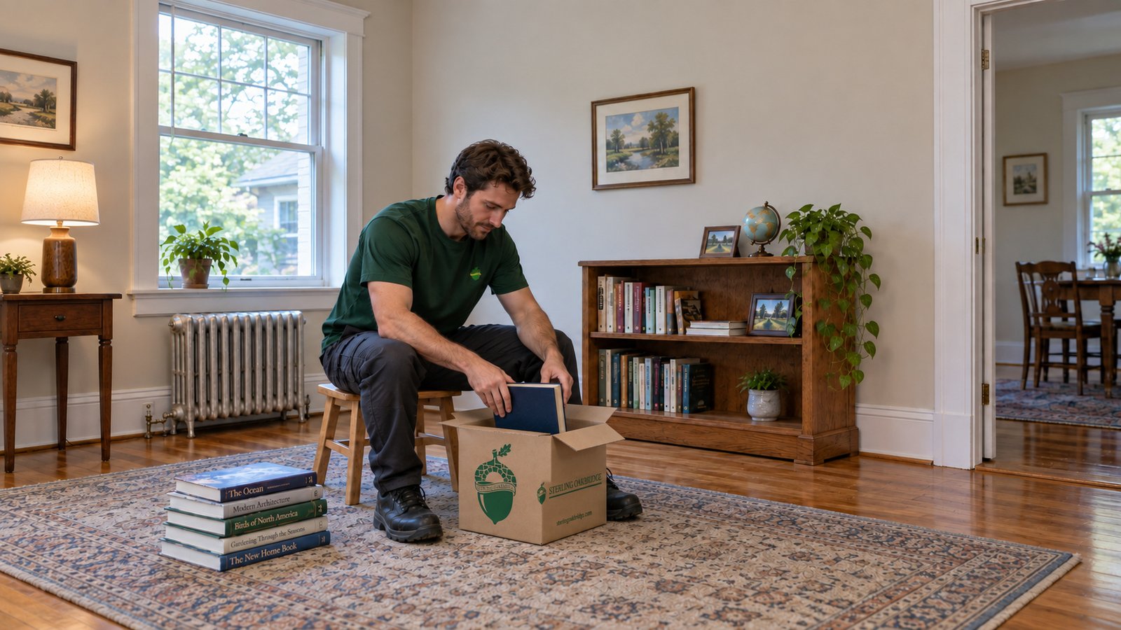 A book packed into a small carton A seated mover lowers a hardcover into a small open branded Book carton