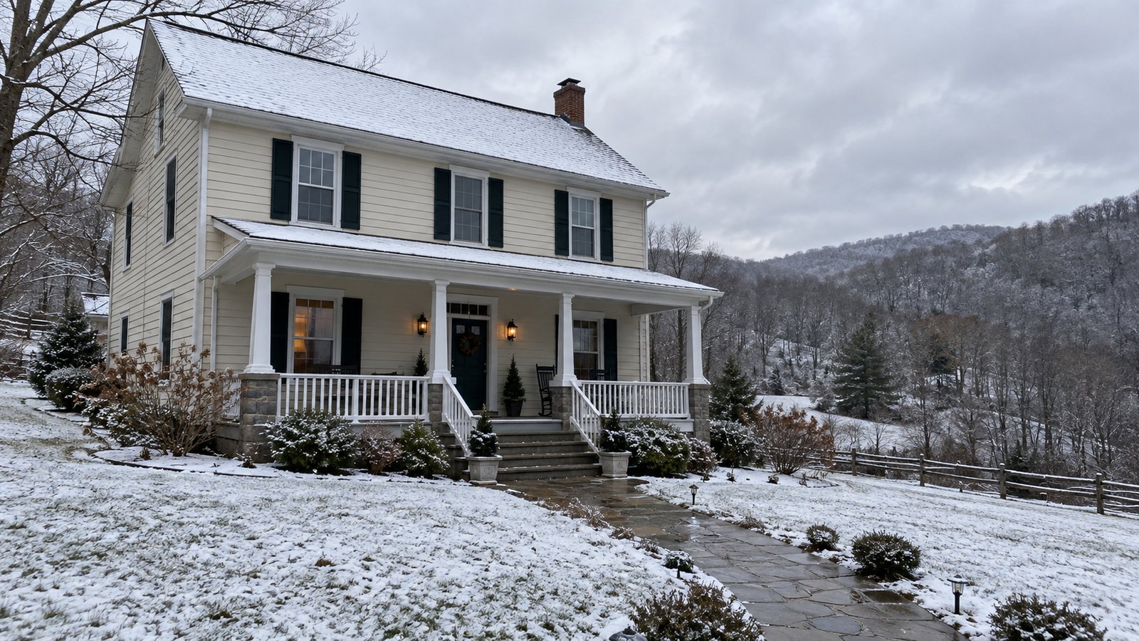 A whole clapboard home with light snow and a cleared stone walkway