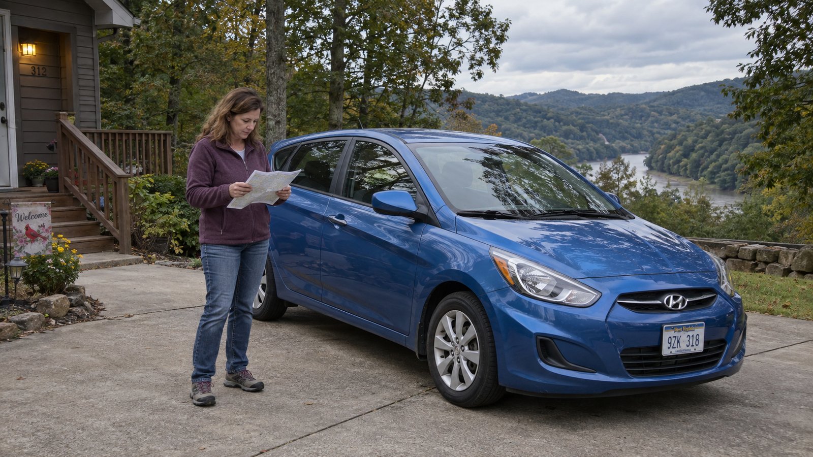 A woman checks a paper map beside a complete blue hatchback