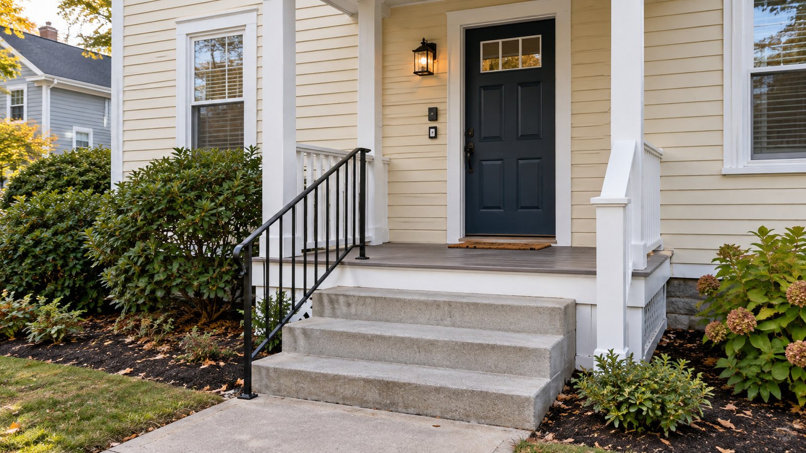 Short concrete entrance stair with a black handrail, level porch landing and complete closed door frame