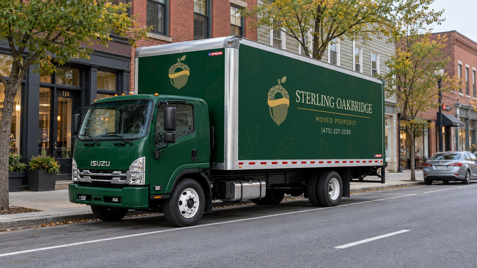 Green Sterling Oakbridge Isuzu FTR truck beside an urban curb with clear roadway and separate sidewalk