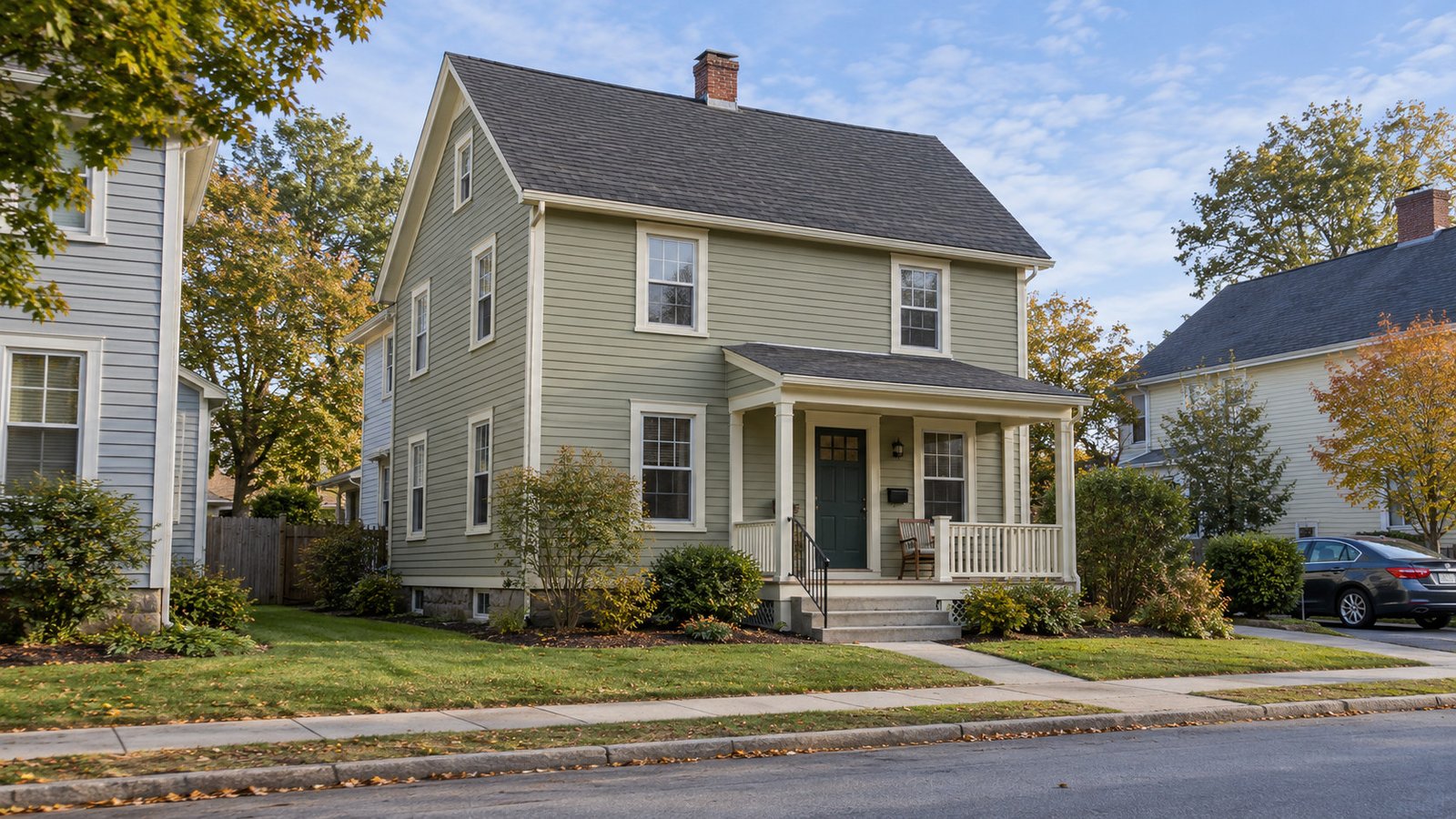 Sage wood-clapboard gabled house with a single front porch, short steps and a clear front walk