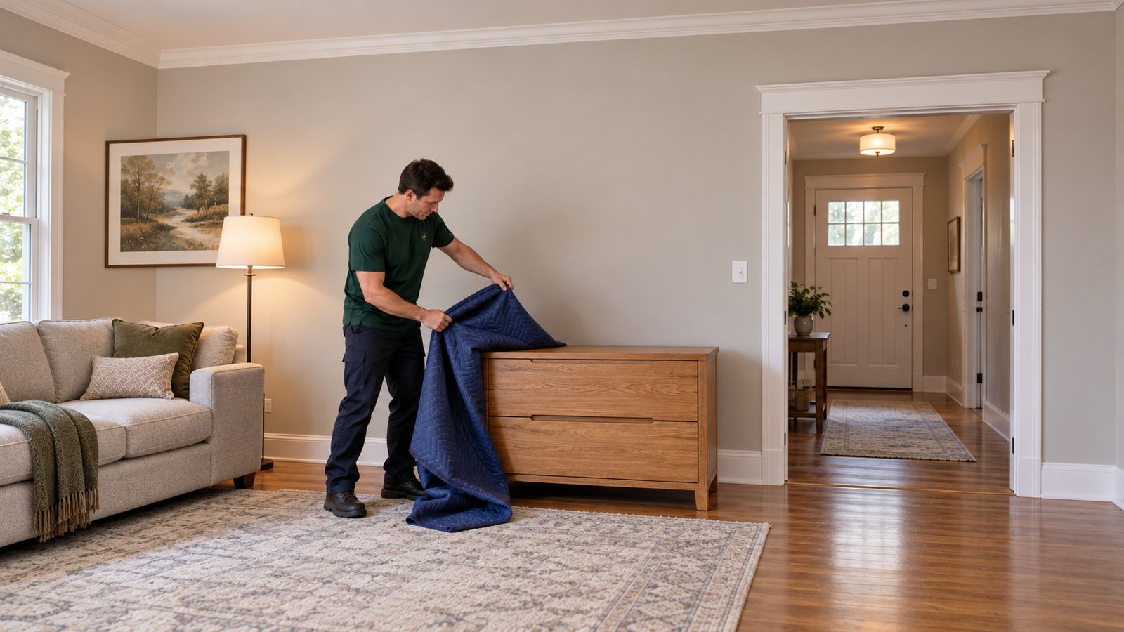 Mover removes a navy blanket from an empty-topped oak chest beside a clear complete room doorway