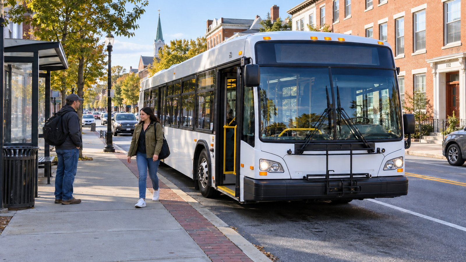 A passenger walks away on the sidewalk after leaving a fully visible bus while another person waits separately near the stop.