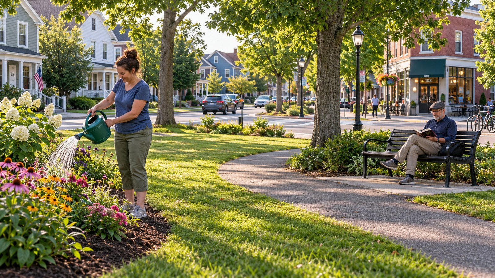 One resident waters flowers while another reads on a bench beside a public path and residential street.
