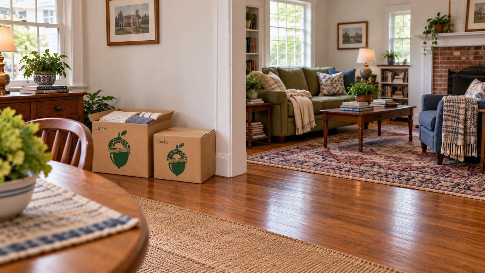 A partly packed Medium box and a closed Book box stand beside a sideboard, leaving the route through a furnished room clear.