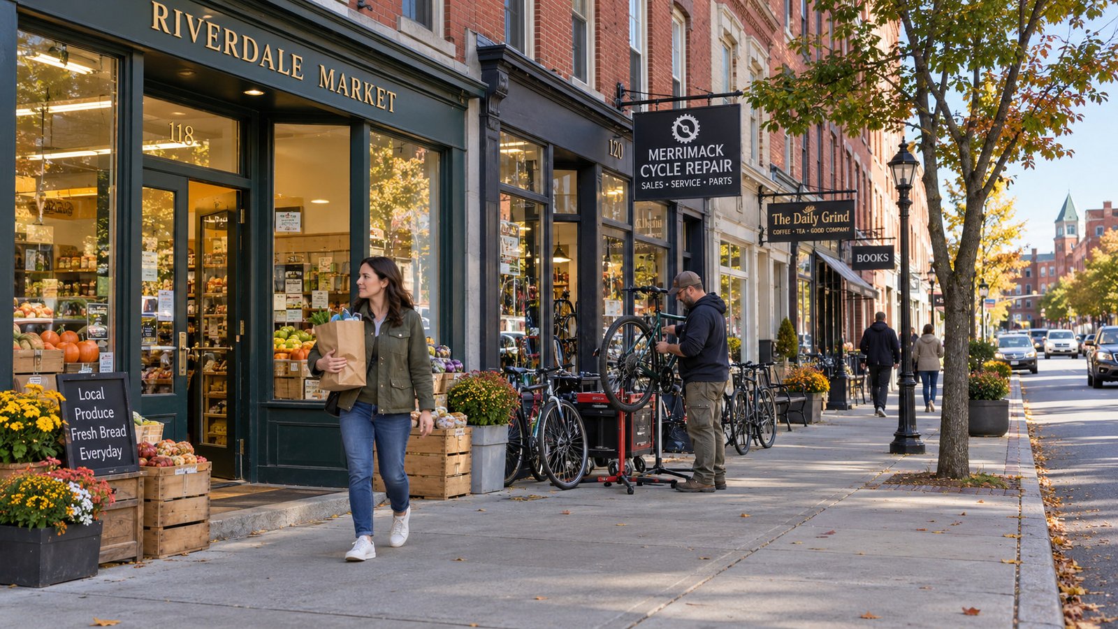 A shopper walks along a broad sidewalk while a resident repairs a bicycle on a stand outside neighborhood shops.