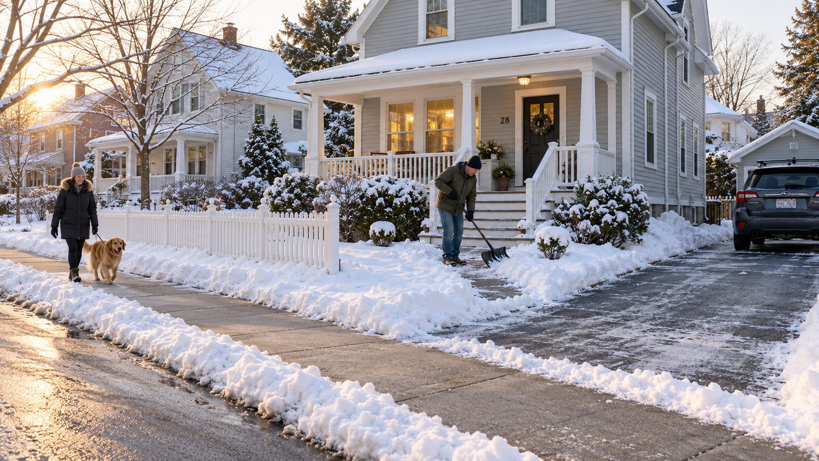 A worker shovels a private approach while a dog walker uses a separate cleared sidewalk beside porch houses.