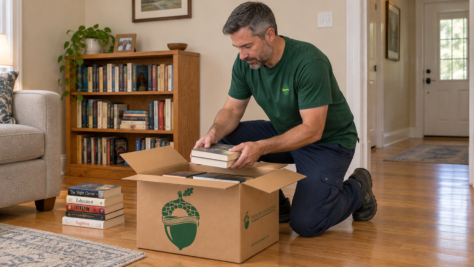 Book packing before loading Kneeling mover places two books into an open small kraft Book carton resting on a sitting-room floor