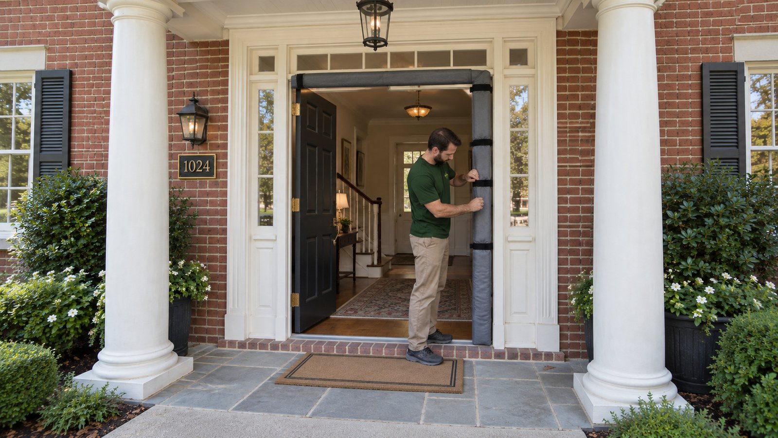 Protecting the entry Mover fastening a gray padded jamb protector at an open brick-house front entry