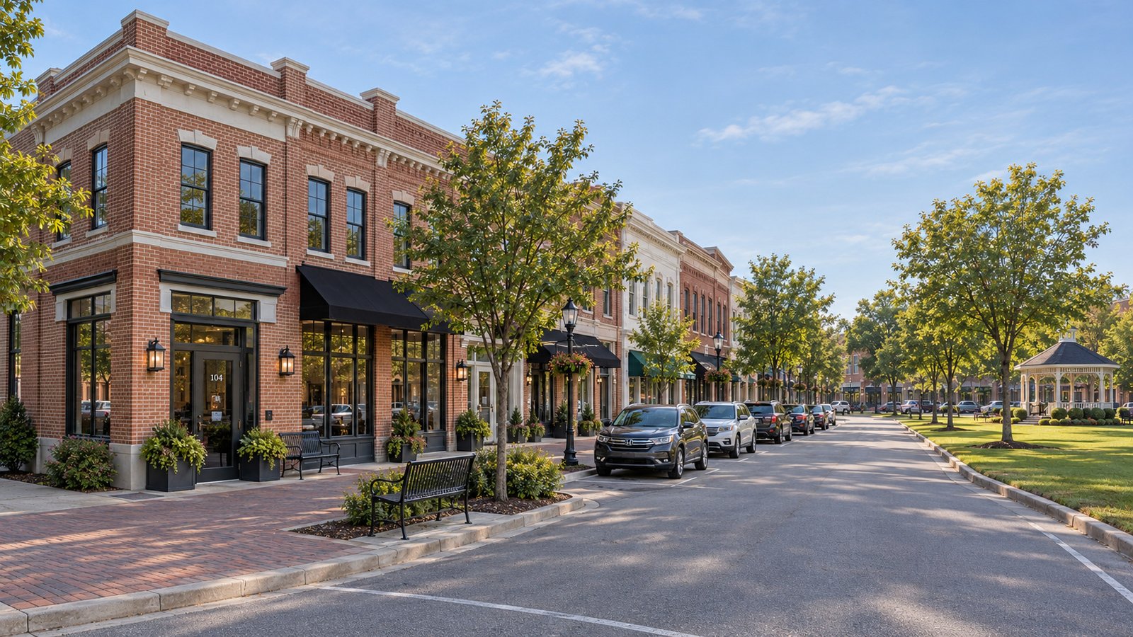 Brick storefronts, parked cars and benches beside a small town-center green