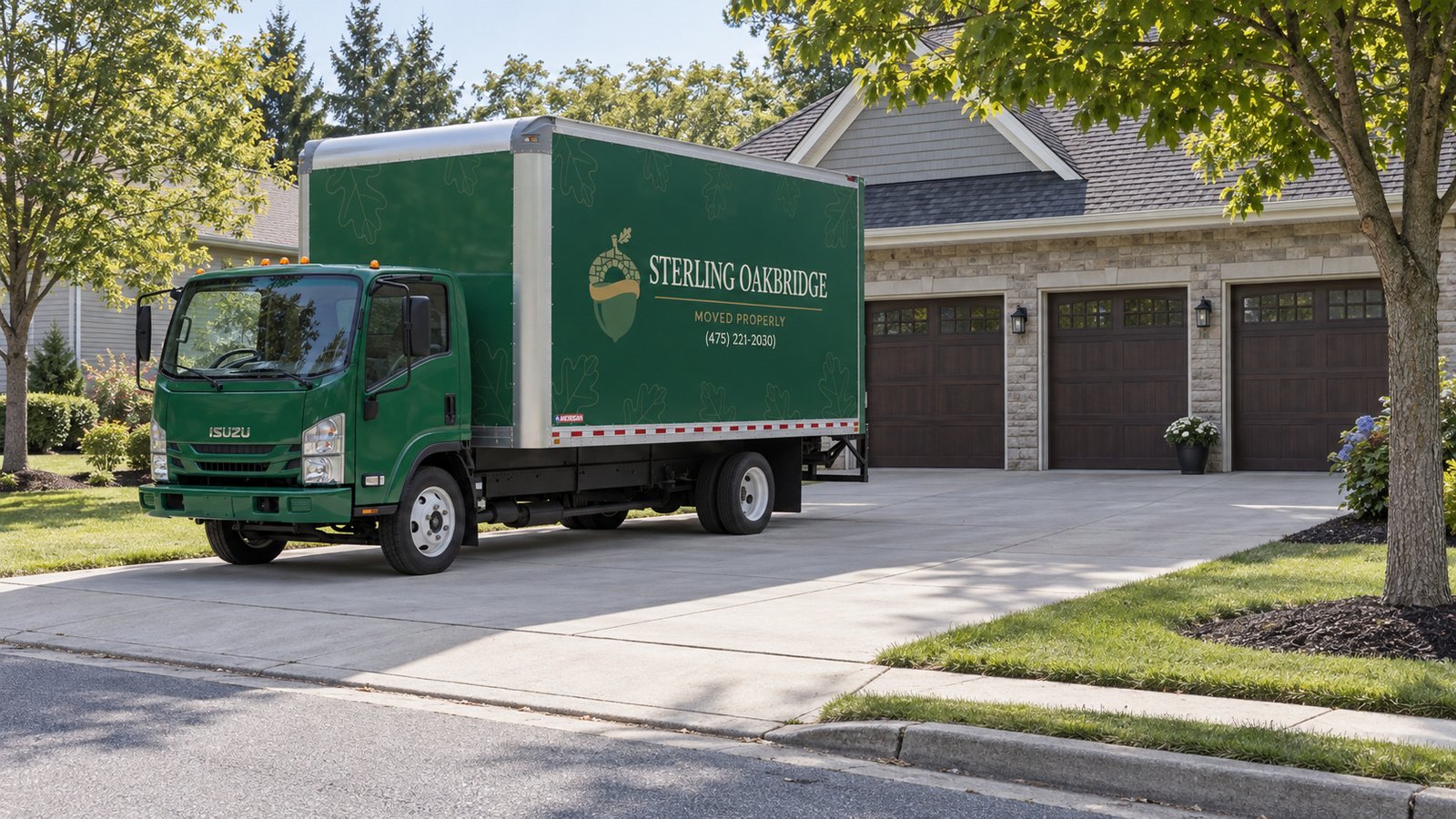 Private driveway standing position Green Sterling Oakbridge Isuzu box truck on a paved driveway beside a three-car garage