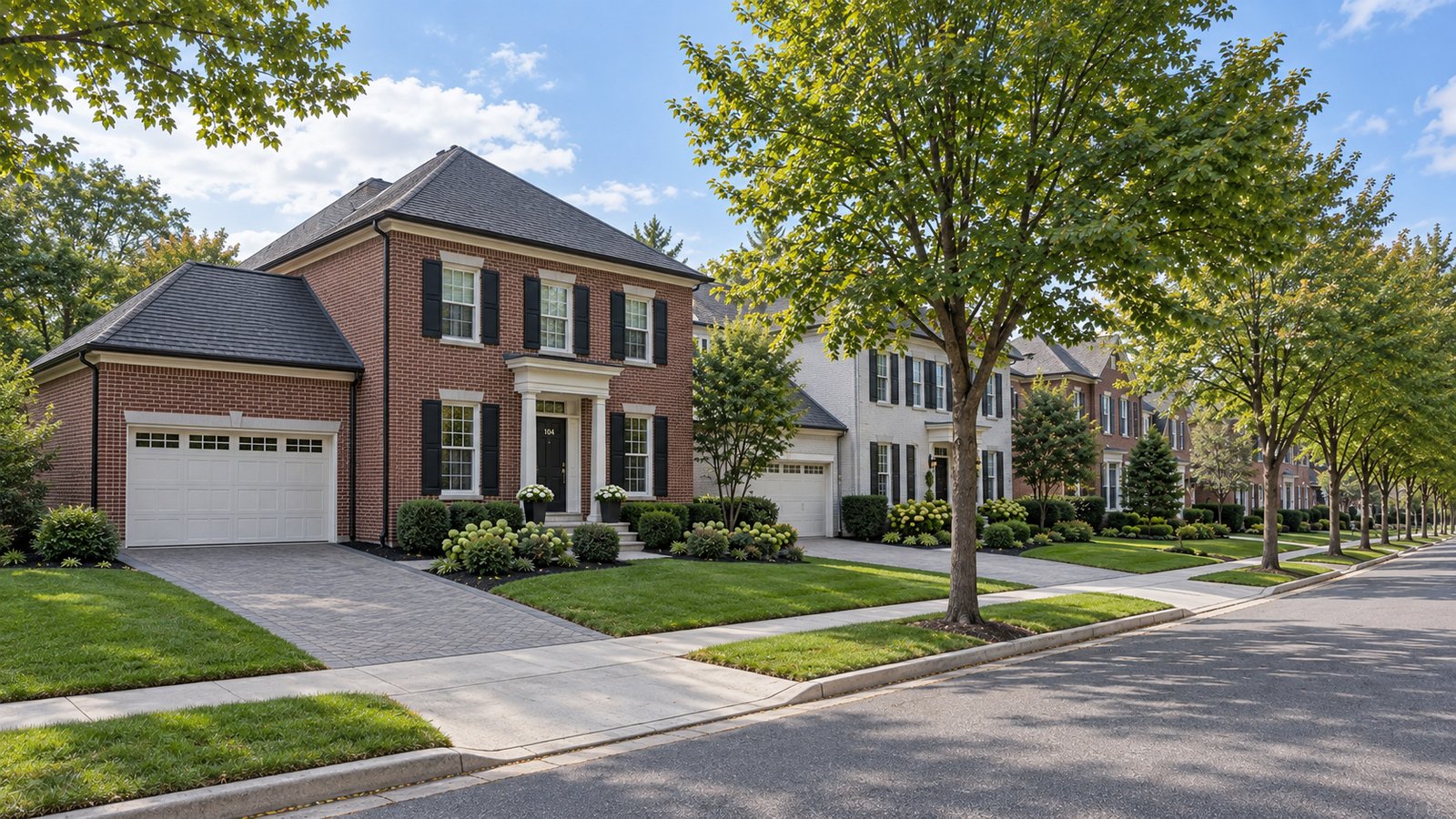 A residential street and its approaches Brick and pale Georgian-style houses with paved driveways, lawns and street trees