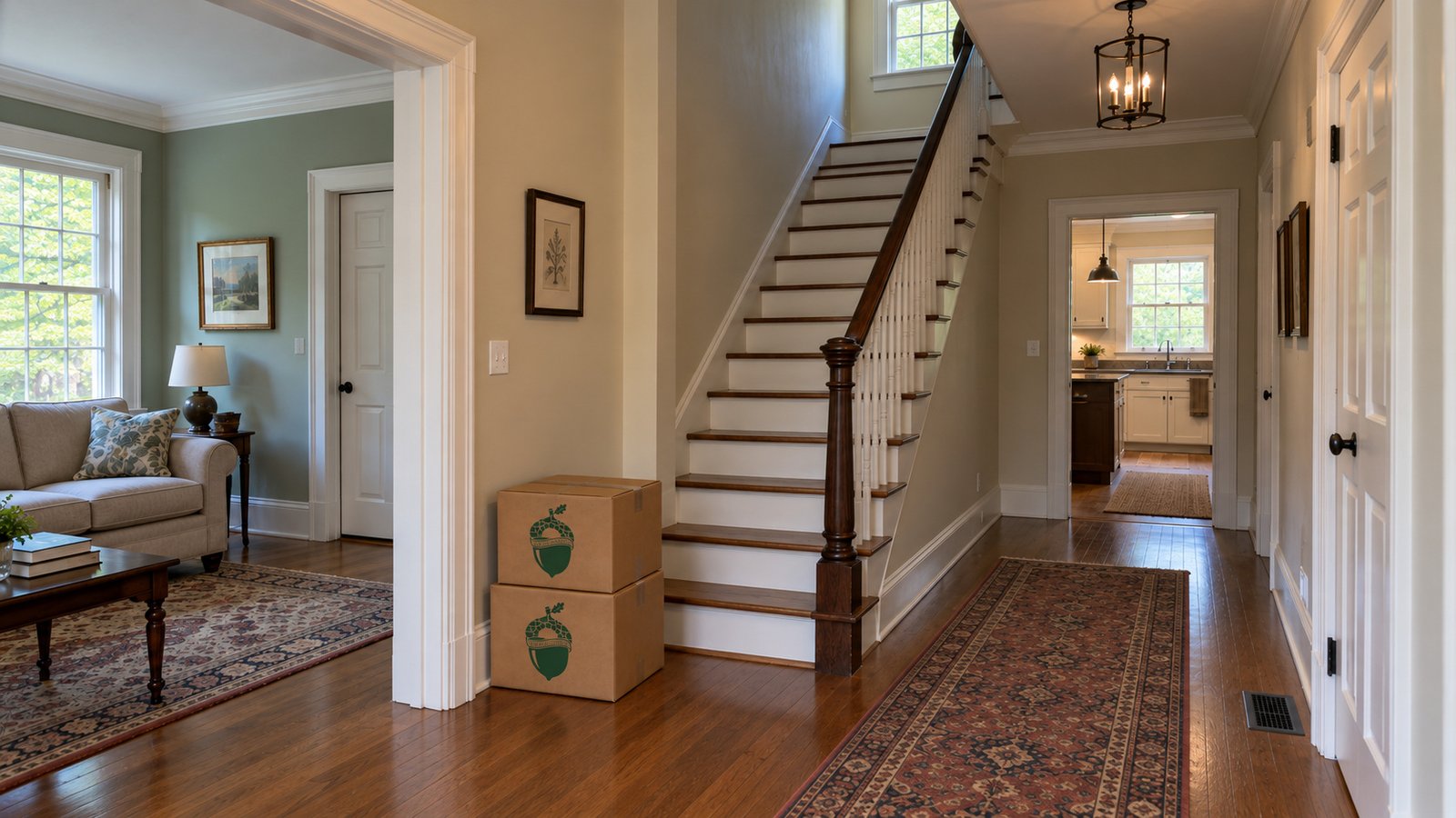 Center-hall staircase, living room and kitchen passage beside two stacked kraft cartons