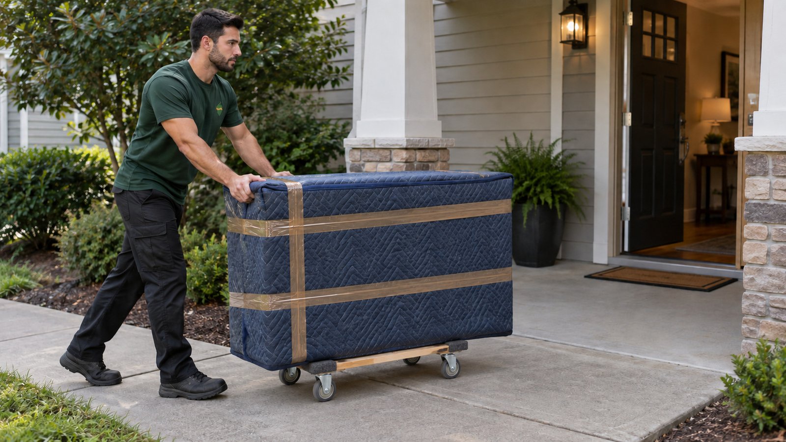 Moving a protected dresser Mover rolling a blanket-wrapped dresser on a compact wooden furniture dolly along a level path