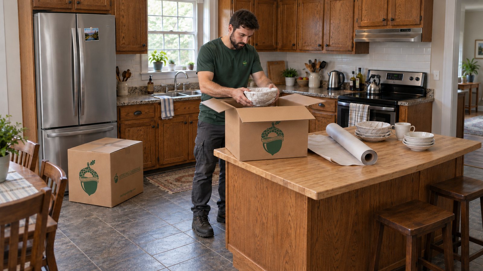Packing the kitchen Mover lowering a paper-wrapped bowl into an open kraft carton on a kitchen island