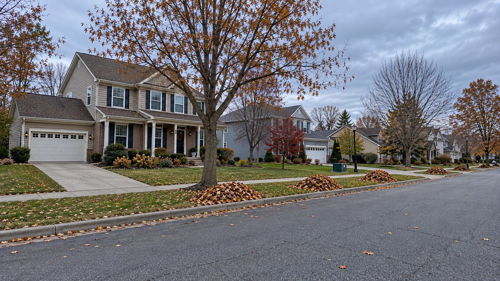 Leaf piles on grass behind a residential curb with a clear sidewalk and driveway