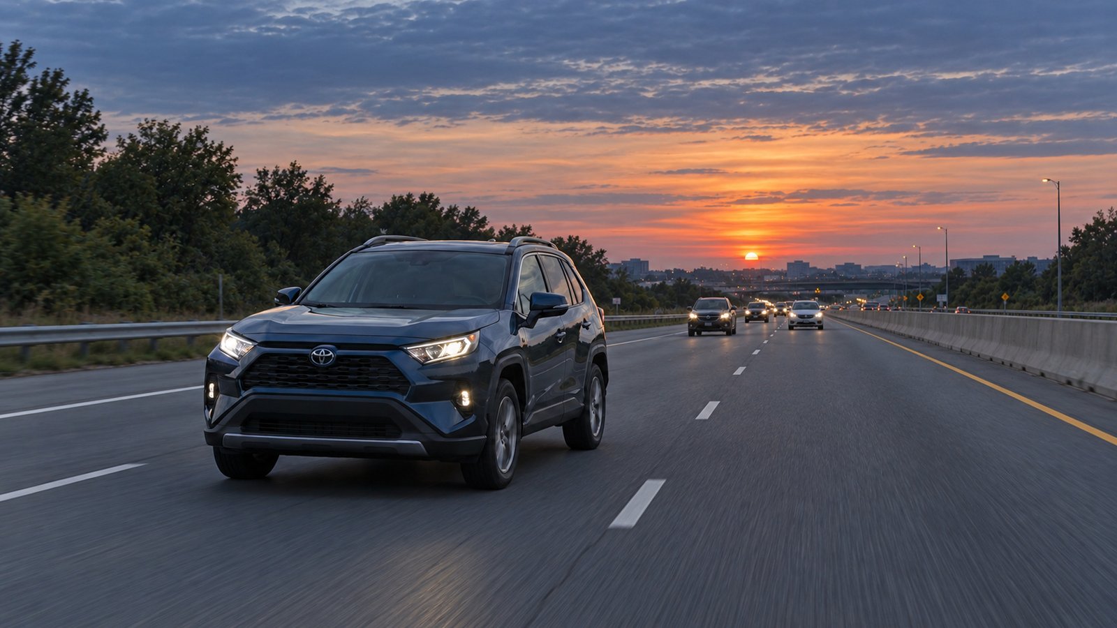 Dark passenger SUV with headlights on a divided highway at dawn