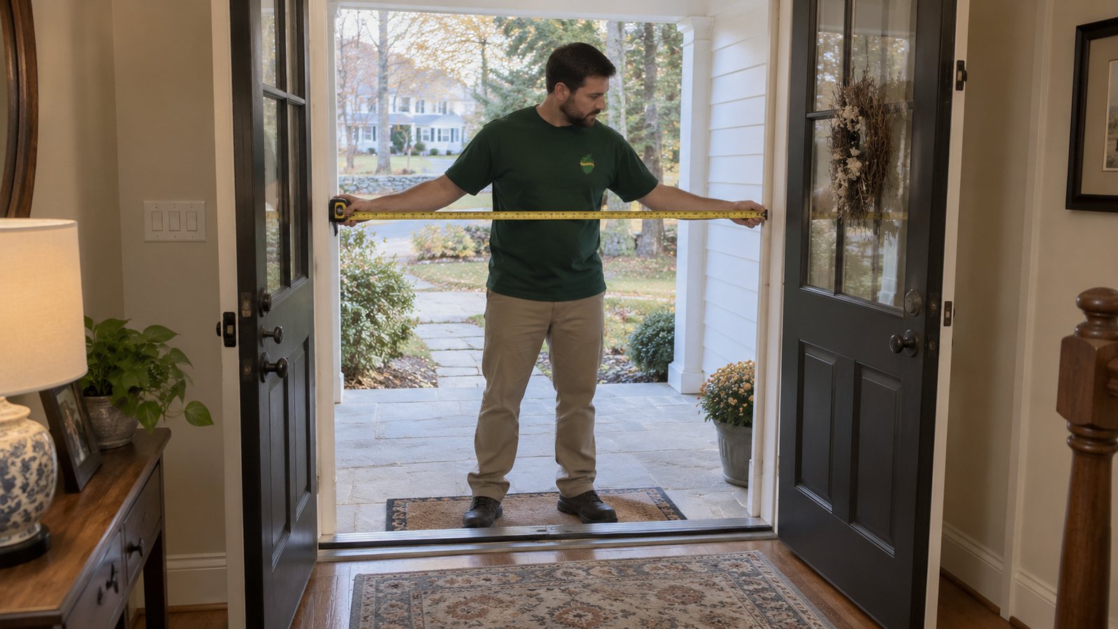 A whole male mover measures the opening of a complete double front door at a furnished home entrance.