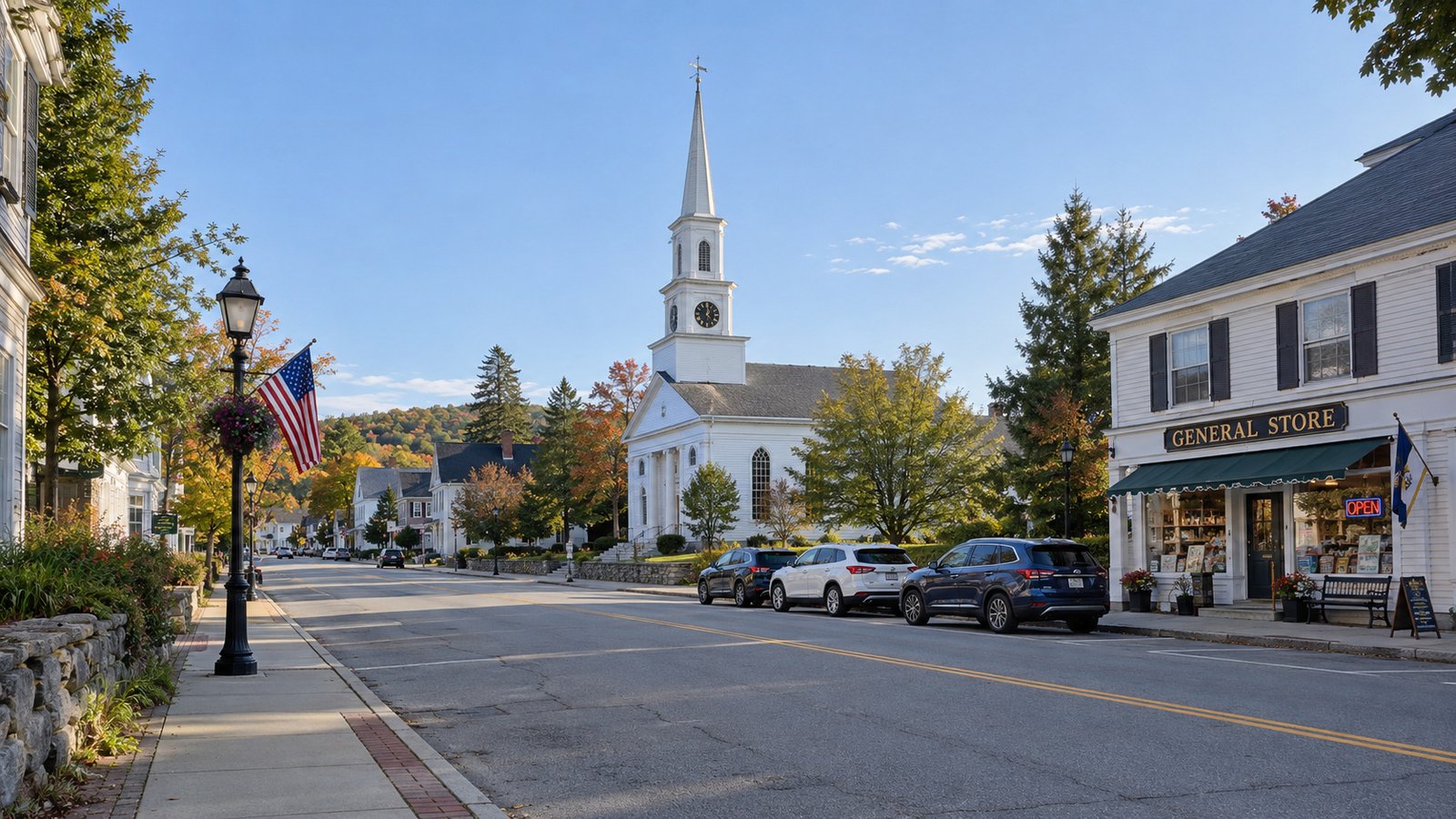 A complete church spire and a village general-store entrance along an ordinary sidewalk.
