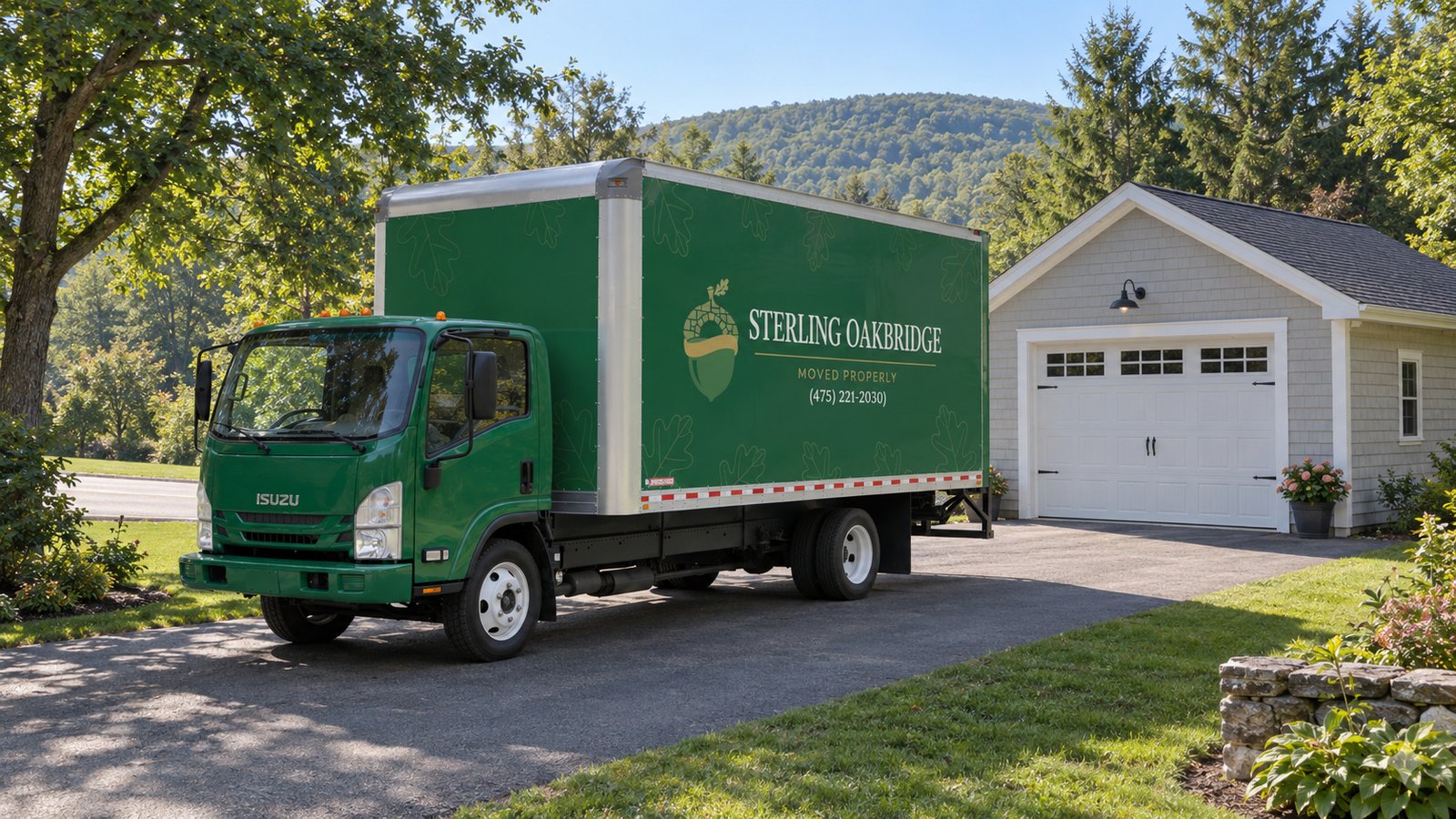A whole green Sterling Oakbridge NPR16 box truck stands on a paved private driveway with woodland and a garage in the background.
