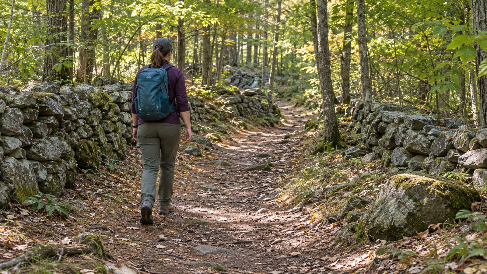 A whole woman walks a wooded trail beside a stone wall.