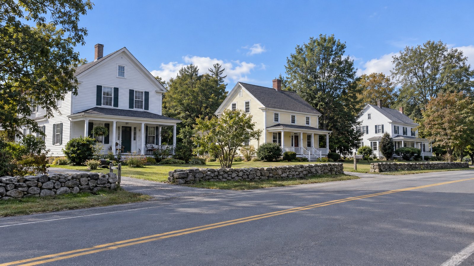 Inspect the property approach Complete clapboard houses, stone walls and connected driveways along a wooded New England residential road.