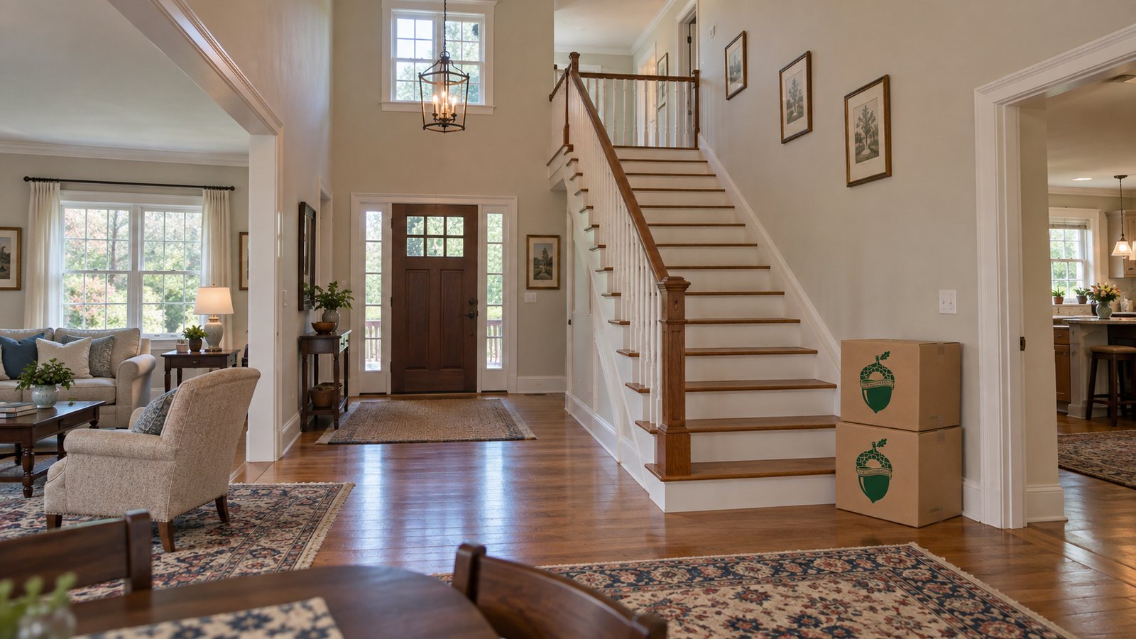 A complete interior stair flight and upper landing in a furnished New England home, with two closed small Book cartons.