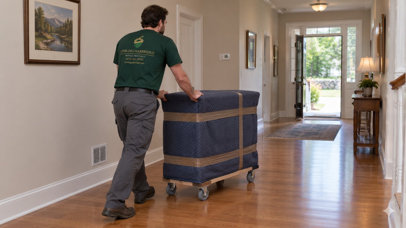 A whole male mover pushes a blanket-wrapped small piece of furniture on a compact open-frame dolly through a furnished indoor hall toward an open exit.