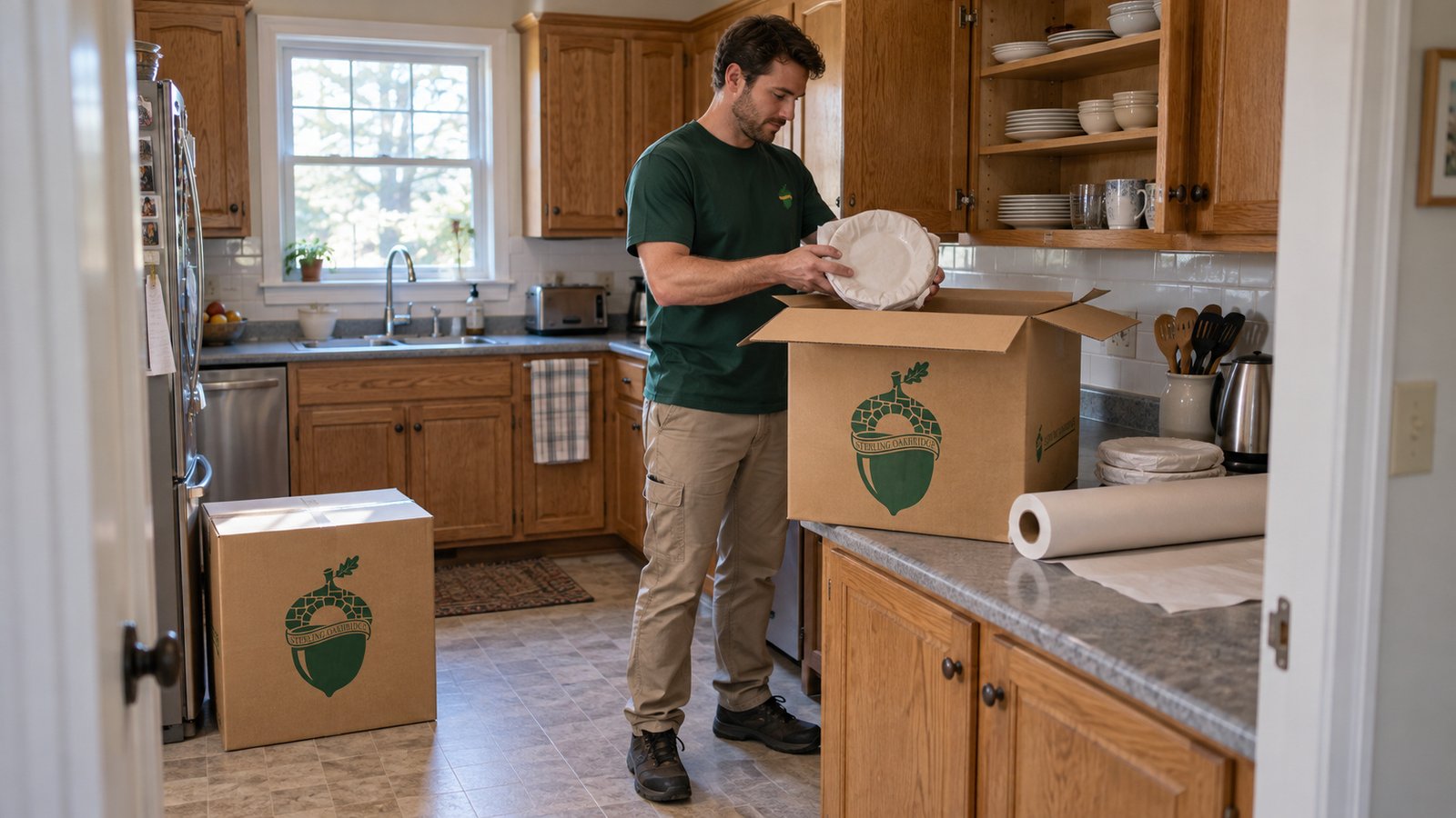 A whole male packer holds an individually paper-wrapped round dish above an open kraft China carton on a built-in kitchen counter.