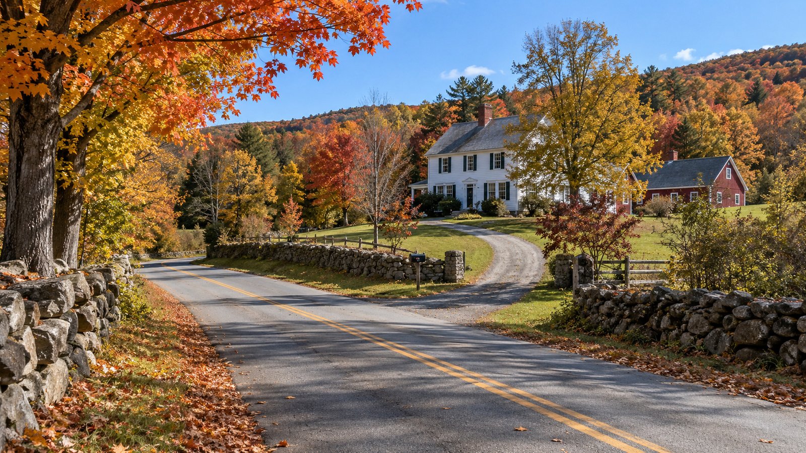 A complete farmhouse beside a curved driveway, autumn trees and a clear residential road.