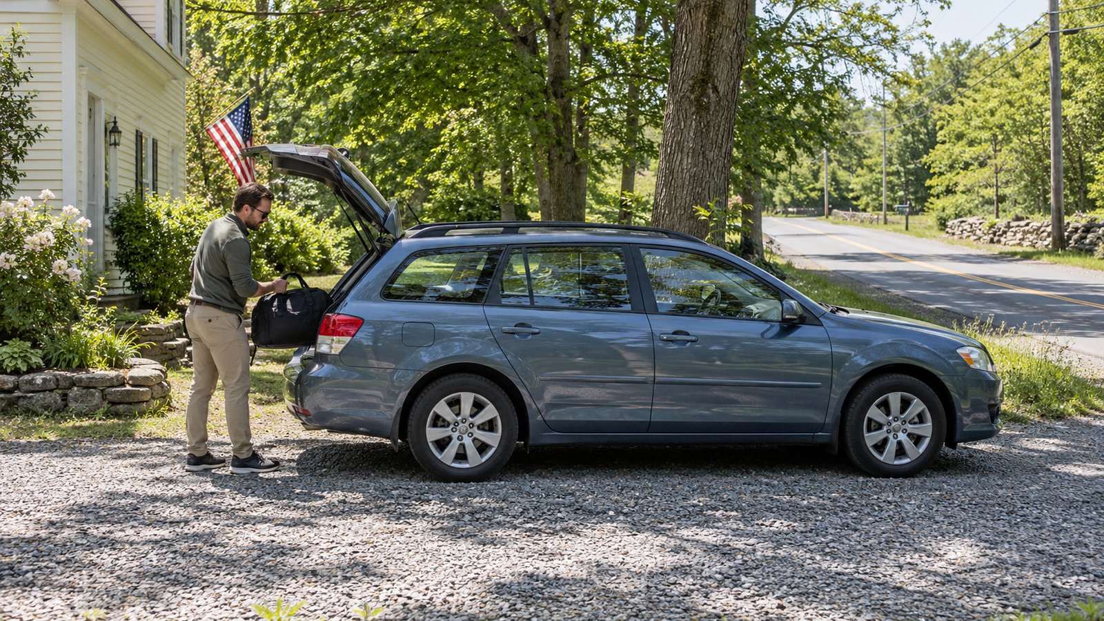 A whole station wagon with an open rear hatch while a resident places a work bag inside in daylight.