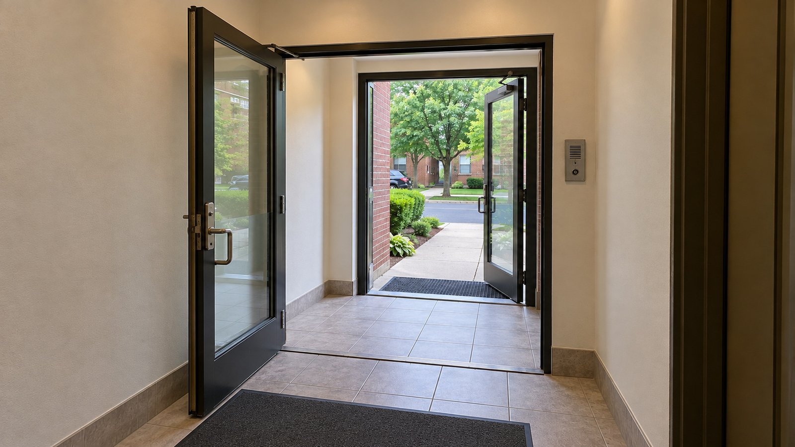 Review both doors and the space between them Two successive open glazed entrance doors, complete frames and level thresholds connected by an empty tiled apartment vestibule.