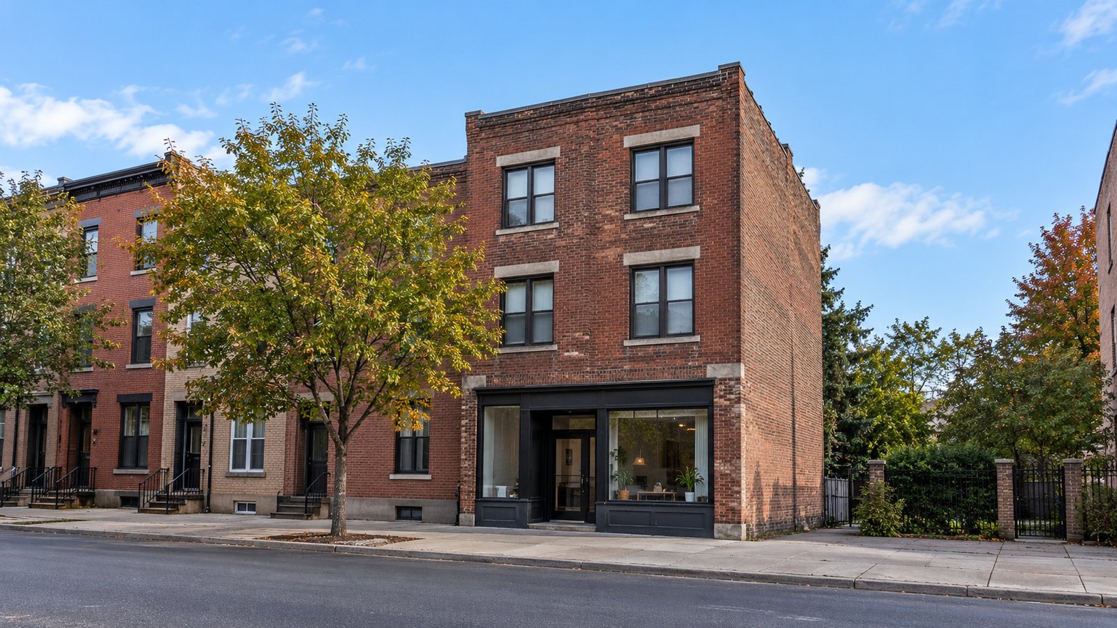 Representative three-story brick mixed-use building with its full roofline, an ordinary glazed entrance and a clear public sidewalk.