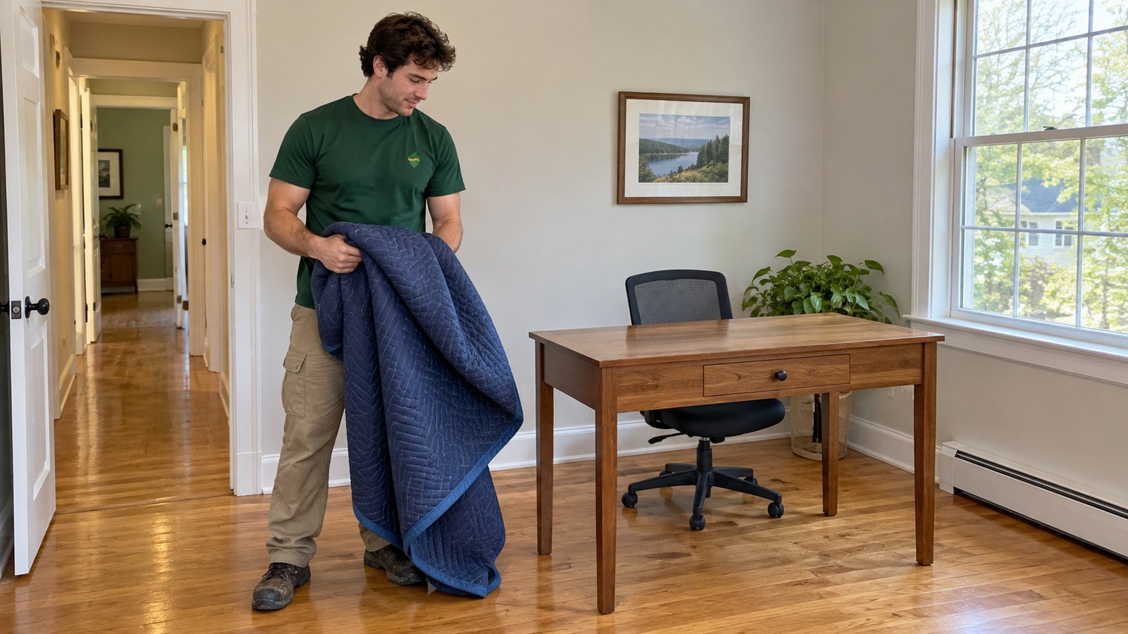 Clear protection after the desk is placed A fully framed employee gathering a removed quilted moving blanket beside a stationary wooden desk on four legs in a receiving home office.