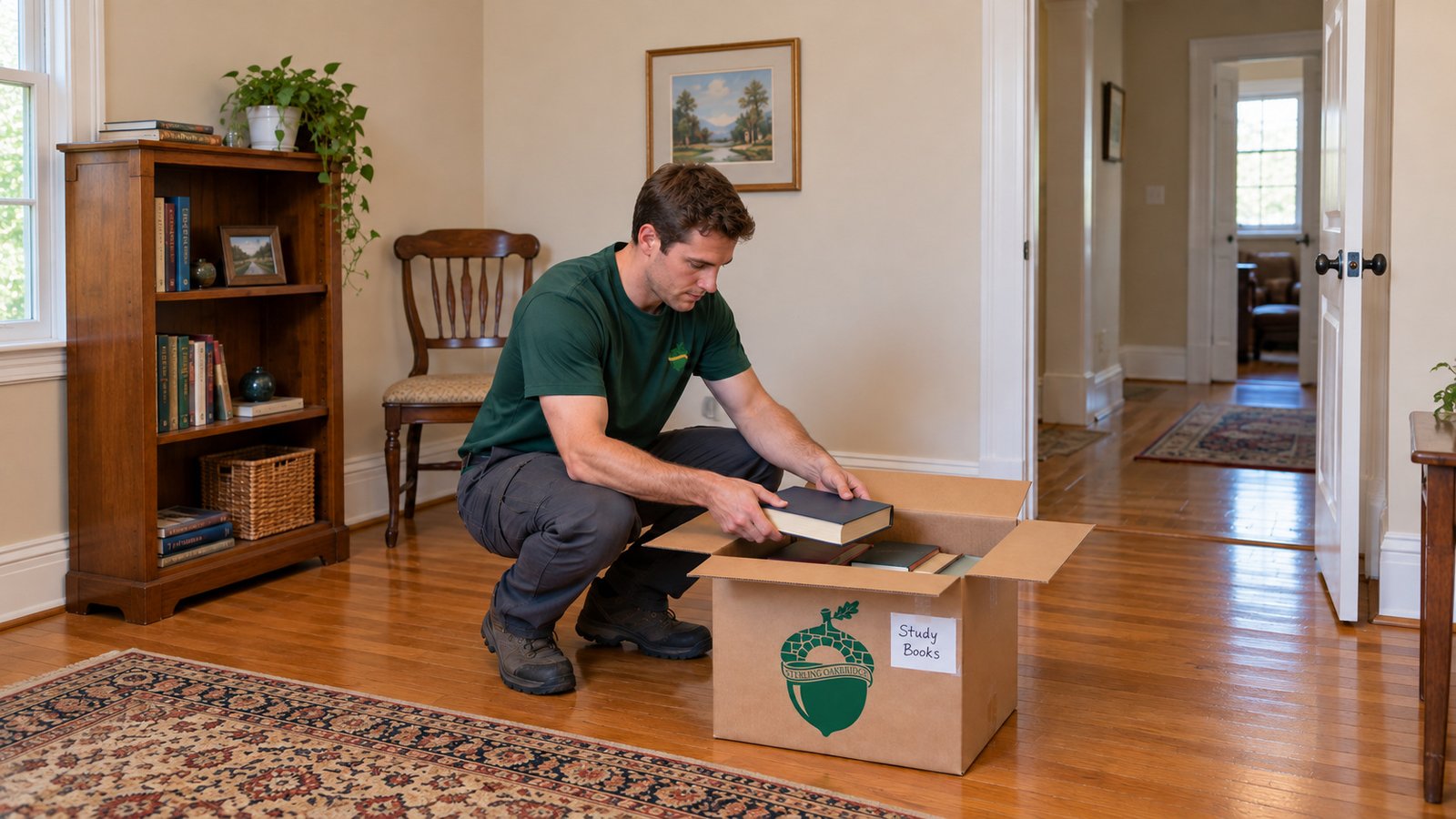 Pack selected books in a supported small carton One crouching employee lowering a closed hardback with both hands into a small floor-supported carton bearing green company artwork and a Study Books label.